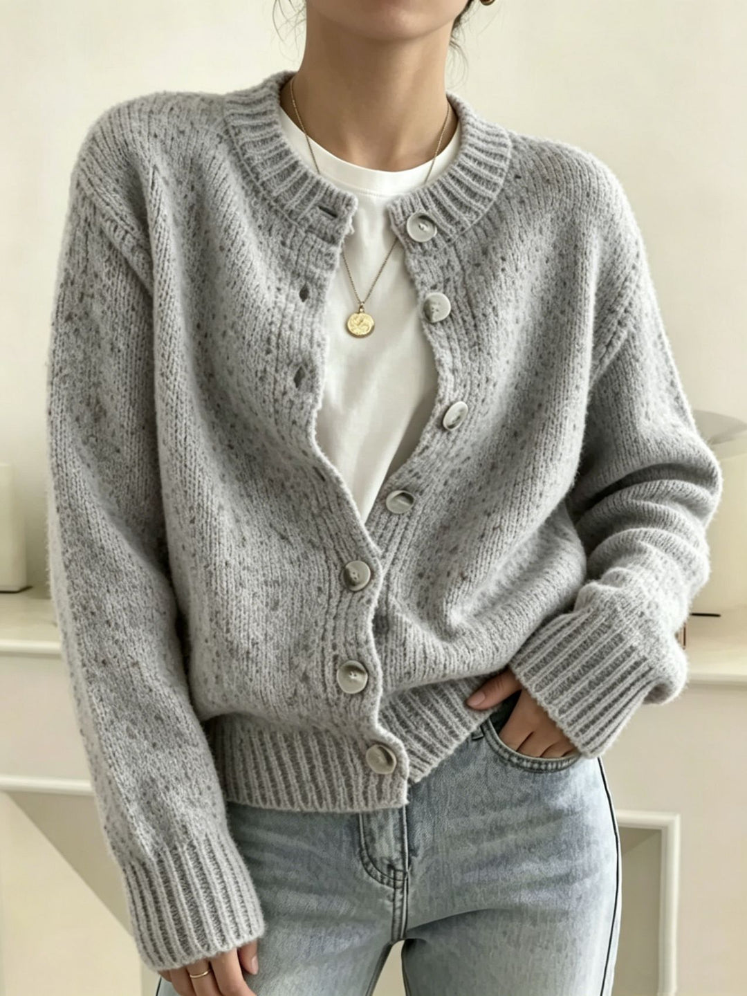 Damen Grobgestrickter Kurzcardigan mit Rundhalsausschnitt und meliertem Tweed-Effekt Drune