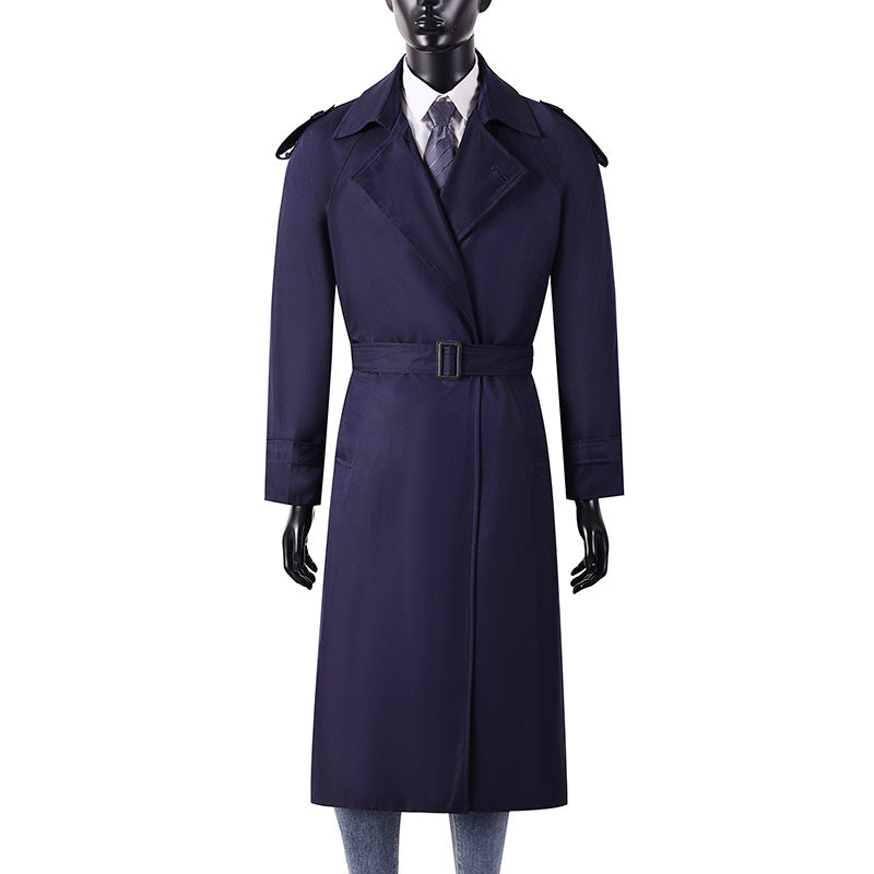 Herren eleganter knie- bis wadenlanger Trenchcoat mit verdeckter Knopfleiste und Schulterklappen Drune