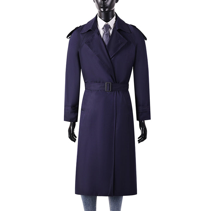 Herren eleganter knie- bis wadenlanger Trenchcoat mit verdeckter Knopfleiste und Schulterklappen Drune