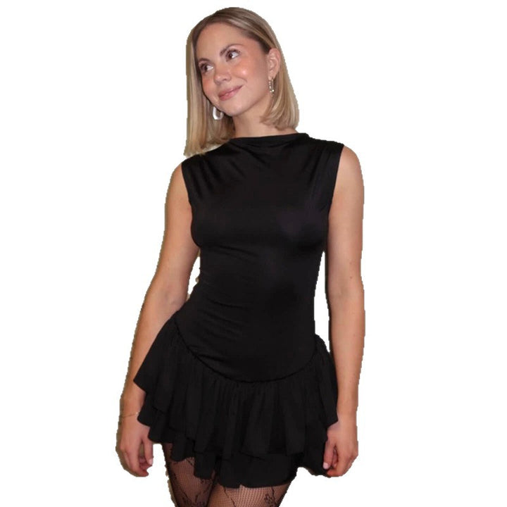 Damen Rüschen-Minikleid mit figurbetontem Oberteil und fließendem Stoff Drune
