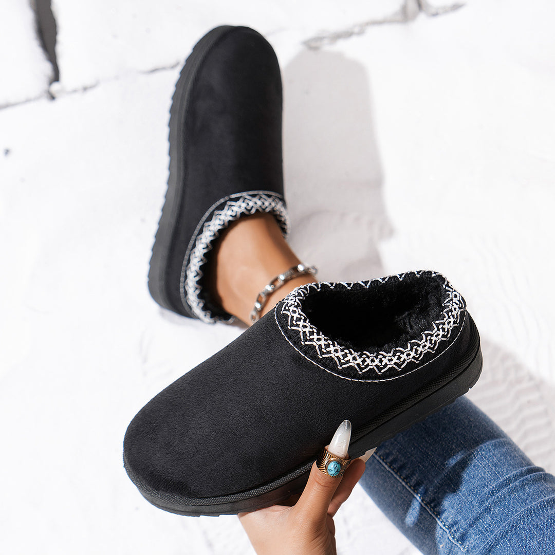 Damen Gefütterte Loafer‑Hausschuhe aus Wildlederimitat mit besticktem Rand und profiliertem Plateau Drune
