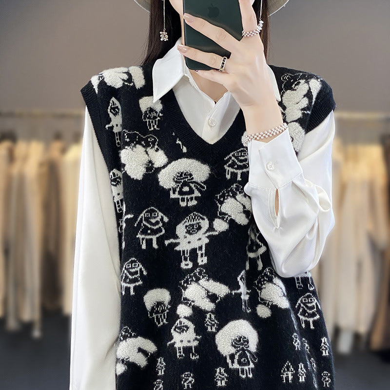 Damen Oversize-Strickweste mit V‑Ausschnitt und verspieltem Jacquard‑Motiv Drune