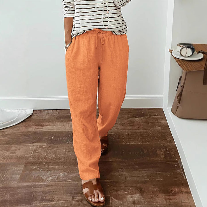 Leichte Damen-Leinenoptik-Hose mit elastischem Kordelzug, Fronttaschen und weitem Bein Drune