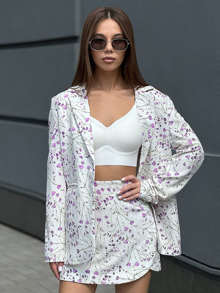 Damen Florales Blazer- und Minirock-Set aus strukturierter Baumwollmischung Drune