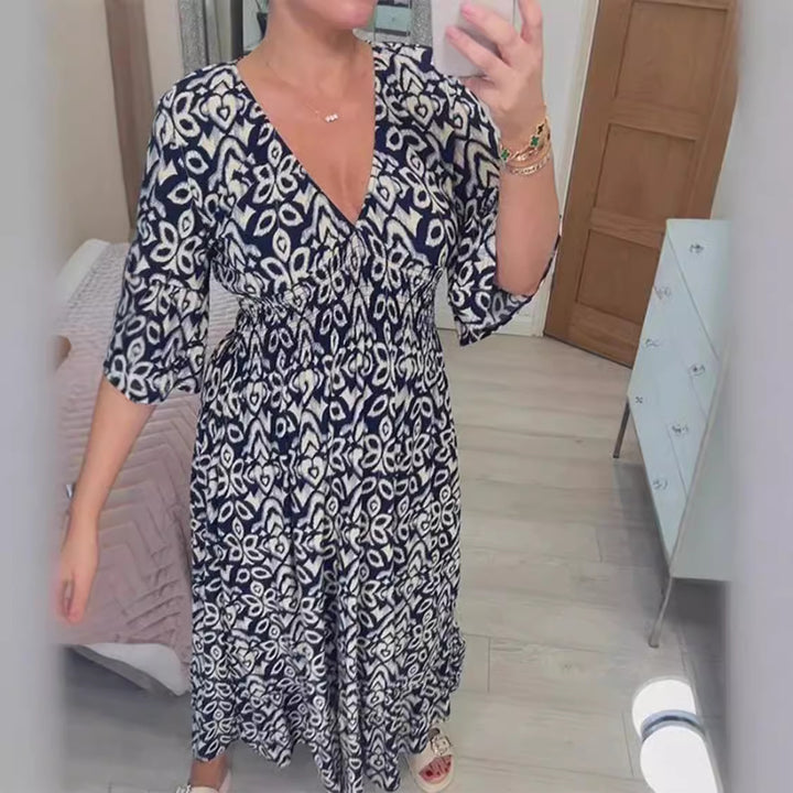 Damen Boho‑Maxikleid mit Smoktaillenband, Wickeloptik‑Dekolleté und Volantärmeln Drune