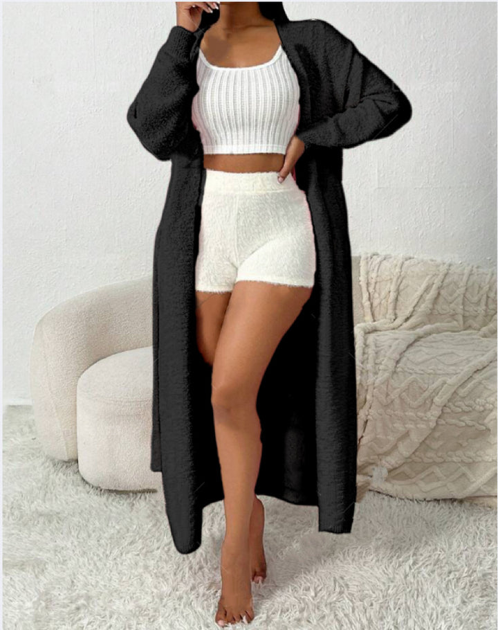 Damen Langer Wickel-Cardigan in Flausch-Optik mit Bindegürtel Drune
