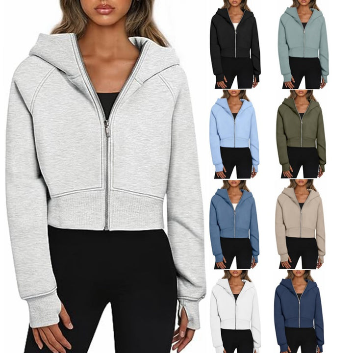 Damen Cropped Sweatjacke mit Reißverschluss und Kapuze Drune