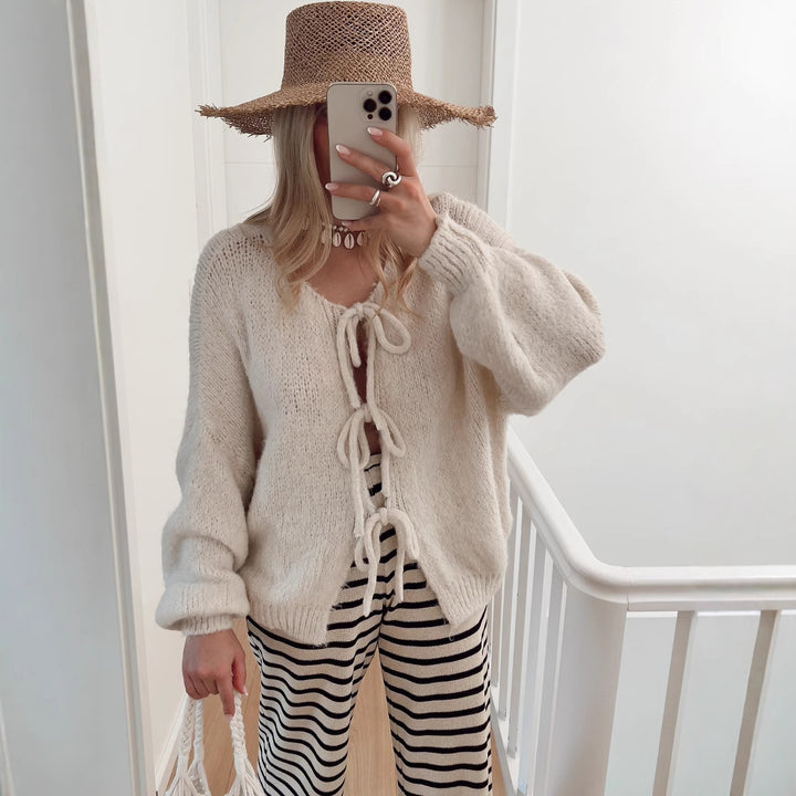 Damen Grobgestrickter Offener Cardigan mit Bindebändern, Oversize‑Silhouette und Raglanärmeln Drune