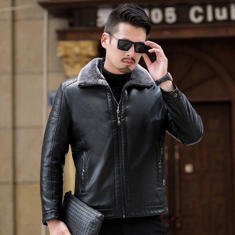 Herren Lederimitat-Übergangsjacke mit durchgehendem Teddyfutter und umlegbarem Kragen Drune