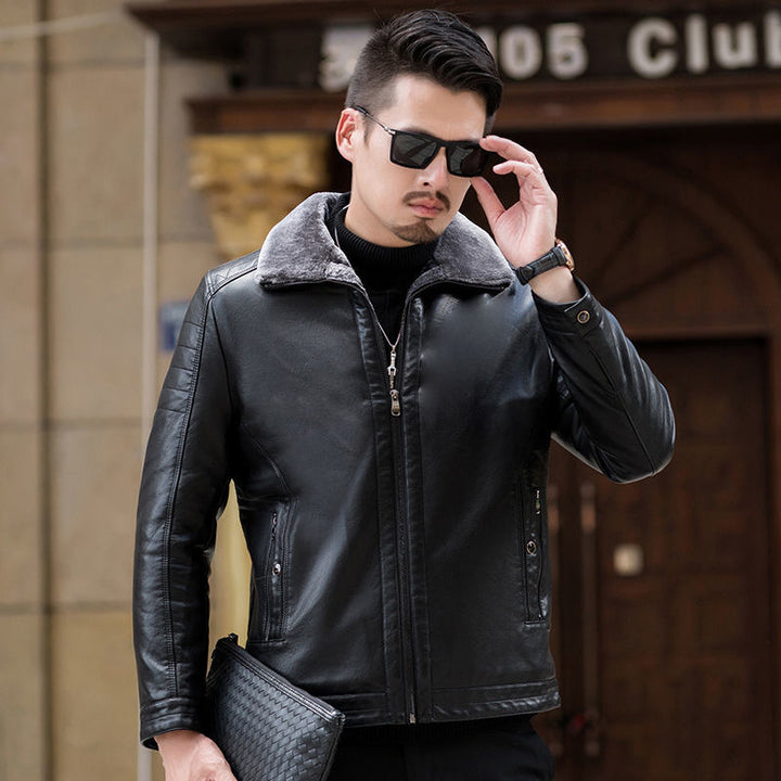 Herren Lederimitat-Übergangsjacke mit durchgehendem Teddyfutter und umlegbarem Kragen Drune
