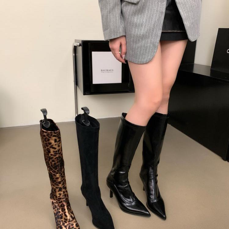 Damen elegante Overknee-Stiefel aus hochwertigem Leder mit spitzem Absatz Drune
