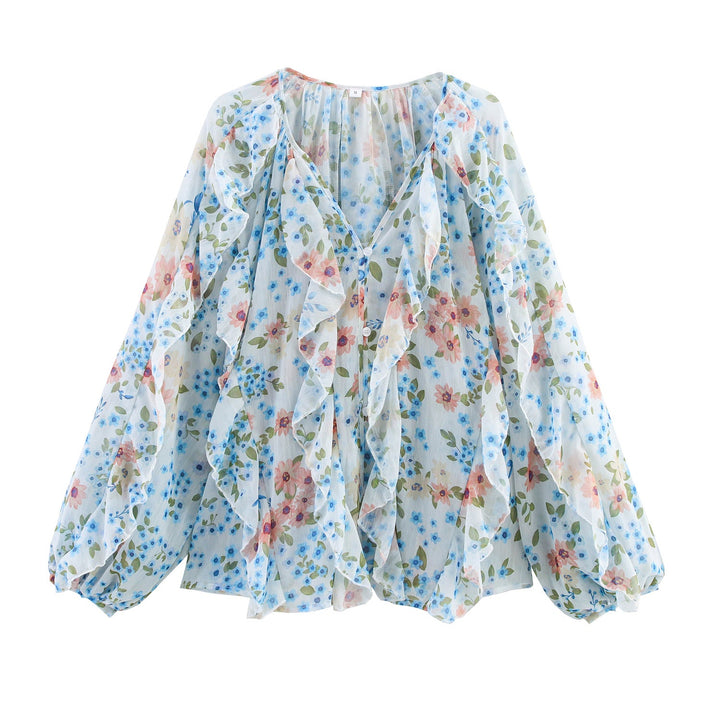 Damen nan feminine Chiffon-Volantbluse mit Ballonärmeln und V-Ausschnitt Drune