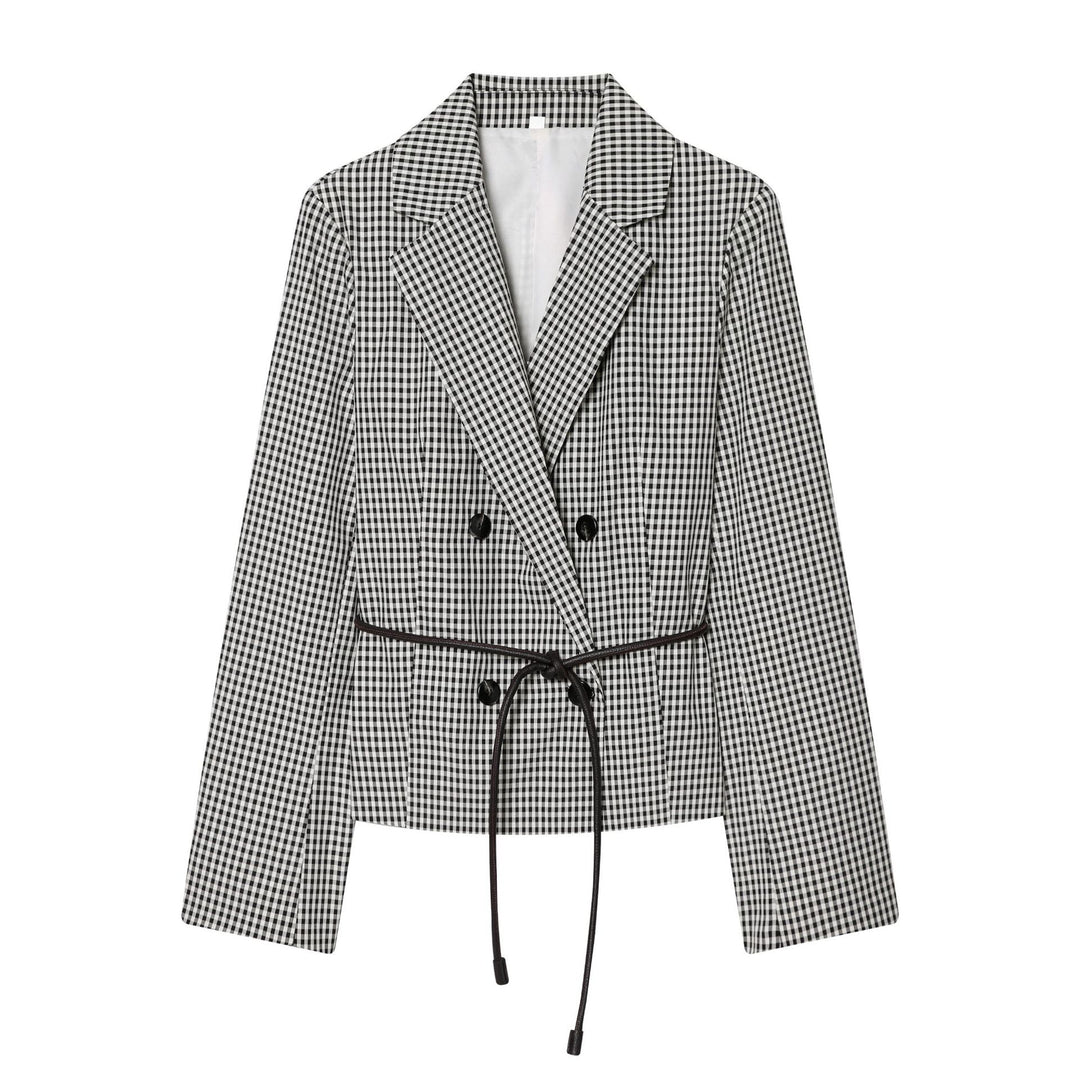 Damen nan taillierter zweireihiger Blazer mit Kordelzug und kariertem Muster Drune