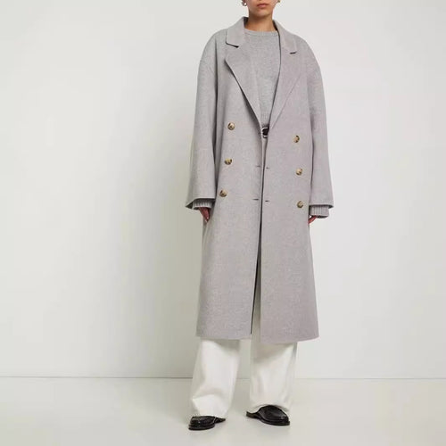 Damen Oversize Zweireihiger Longcoat mit fallender Schultersilhouette und goldenen Zierknöpfen Drune