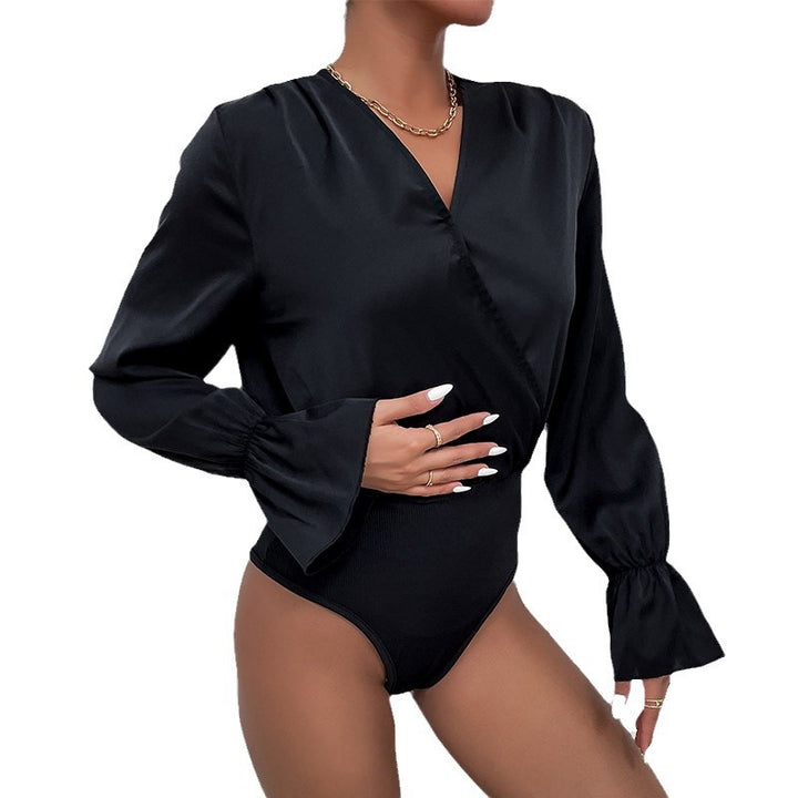 Damen Satin-Body mit Wickel-V-Ausschnitt, tailliertem Rippbund und Volantärmeln Drune