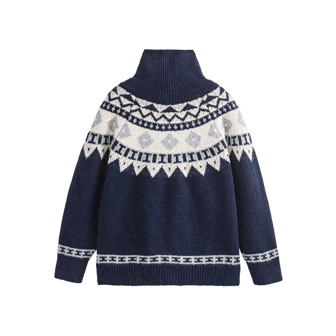 Damen Norwegermuster Strickcardigan mit hohem Stehkragen und Knebelverschlüssen Drune