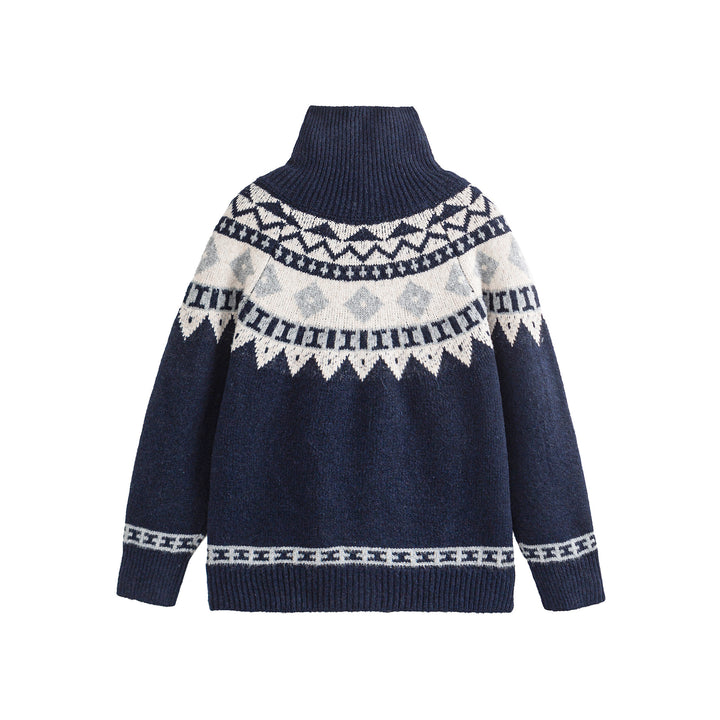 Damen Norwegermuster Strickcardigan mit hohem Stehkragen und Knebelverschlüssen Drune