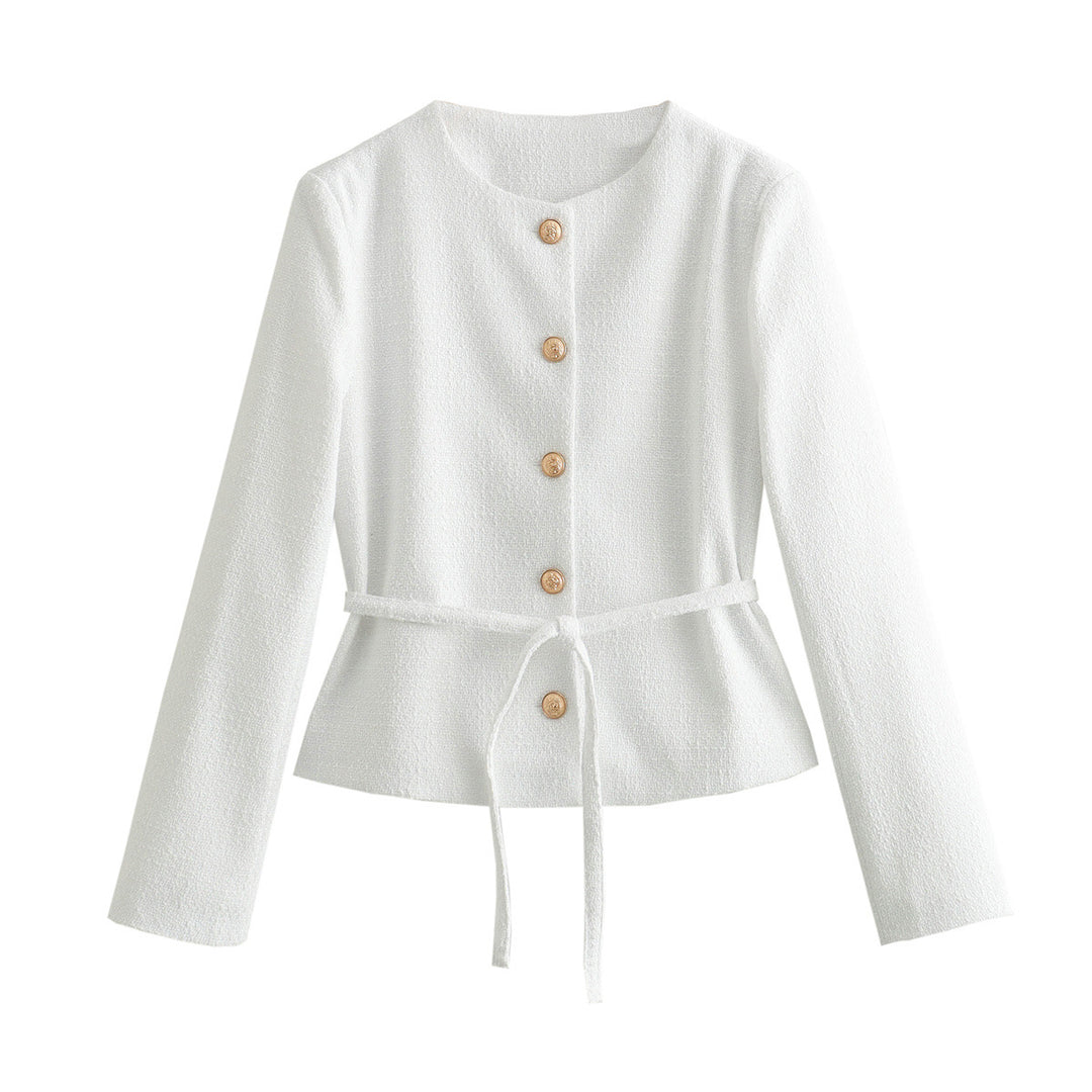 Damen nan taillierte Bouclé-Jacke mit Bindegürtel und goldfarbenen Zierknöpfen Drune