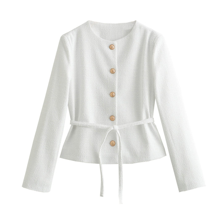 Damen nan taillierte Bouclé-Jacke mit Bindegürtel und goldfarbenen Zierknöpfen Drune