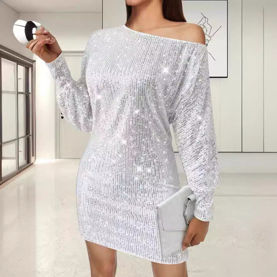 Damen Glamouröses Minikleid mit asymmetrischem Schulterdesign und Funkeleffekten Drune