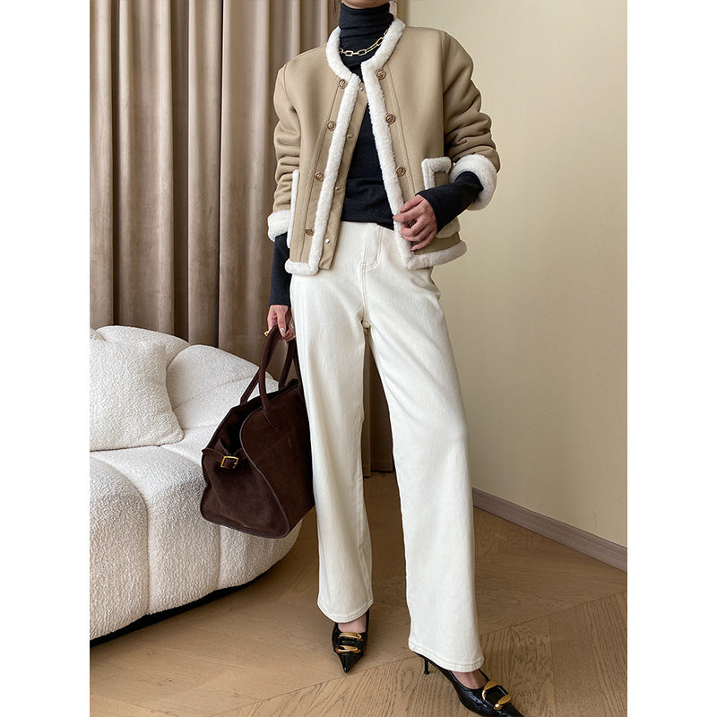 Damen Modische Kunstlederjacke mit Futter Drune