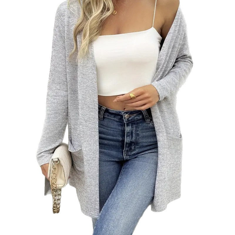 Damen Offener Feinstrick-Cardigan mit hüftlanger Silhouette und Eingrifftaschen Drune