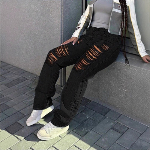 Damen hochgeschnittene weite Denim-Jeans mit ausgeprägten Ripped-Details und lässigem Schnitt Drune