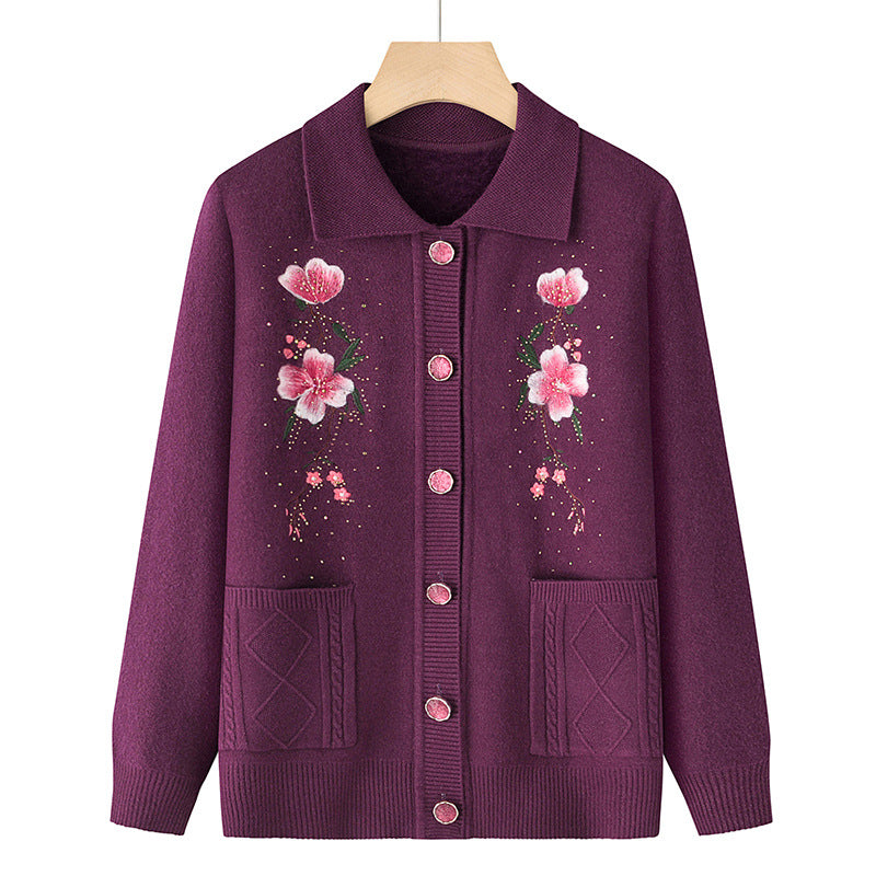 Damen nan bestickte Strickjacke mit Hemdkragen, Eingrifftaschen und floraler Stickerei Drune