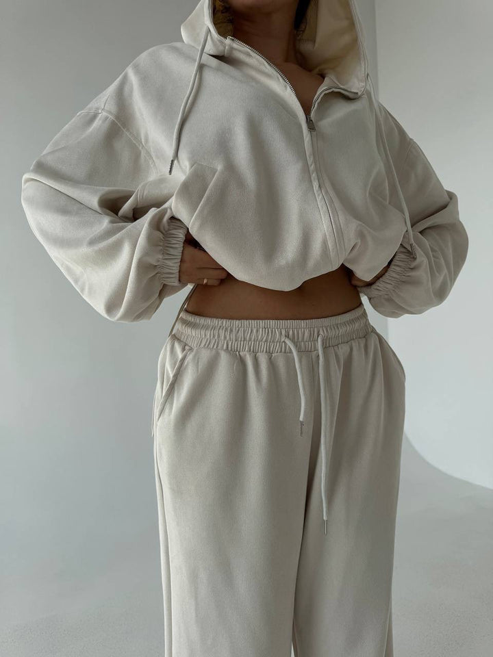 Damen Velours-Cropped-Kapuzenjacke mit Ballonärmeln und weiter Palazzo-Sweathose Drune