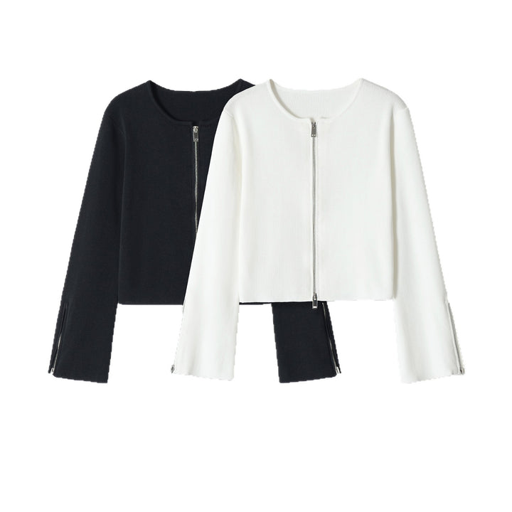 Damen Kurzgeschnittene Feinstrick-Jacke mit Zwei-Wege-Reißverschluss und Ärmelzipper Drune