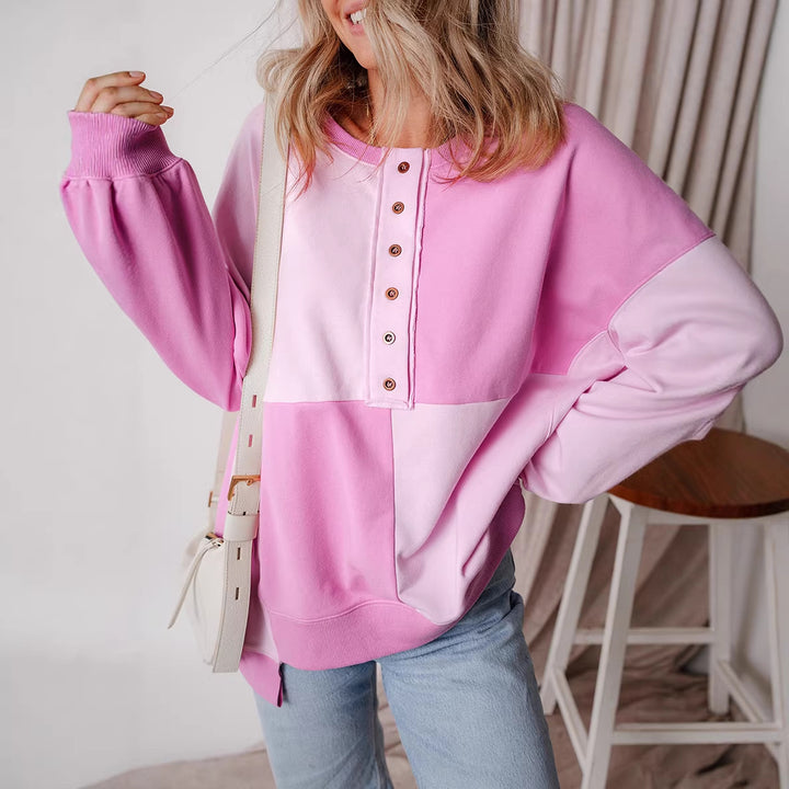Damen Oversize-Colorblock Sweatshirt mit Henley-Knopfleiste, Ballonärmeln und geripptem Saum Drune