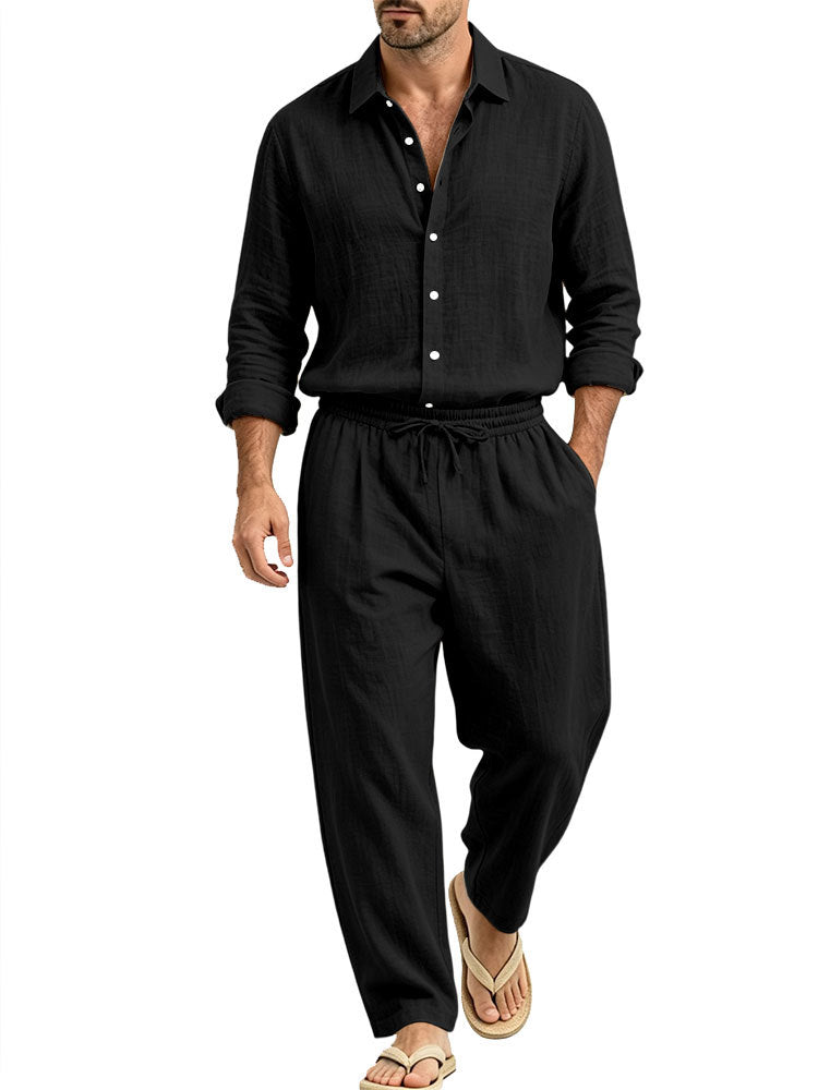 Herren Lässiges Leinen-Set Hemd und Relaxhose mit Tunnelzug Drune