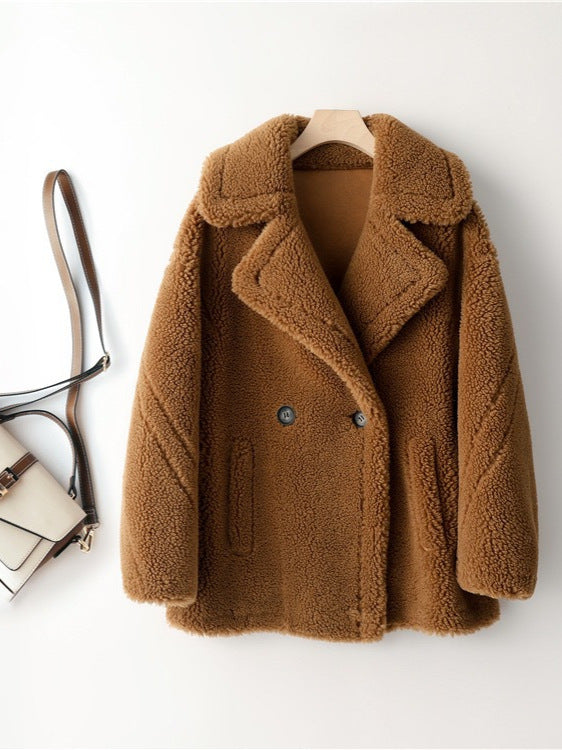 Damen kuscheliger Teddycoat mit doppelter Knopfleiste und Taschen Drune