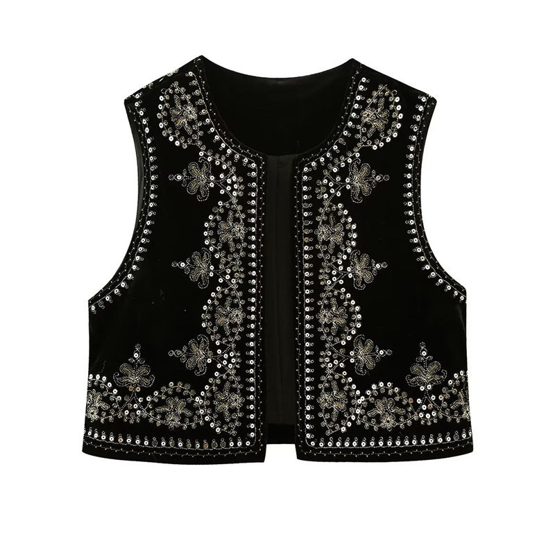 Damen Bestickte Samt-Cropped-Weste mit Perlen- und Paillettenbesatz Drune
