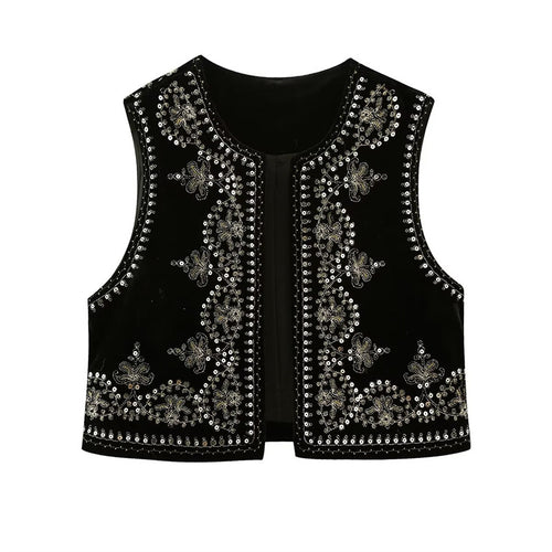 Damen Bestickte Samt-Cropped-Weste mit Perlen- und Paillettenbesatz Drune