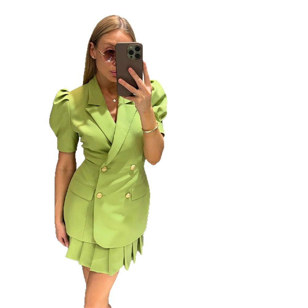 Damen Doppelreihiges Blazerkleid mit Puffärmeln und plissiertem Saum Drune