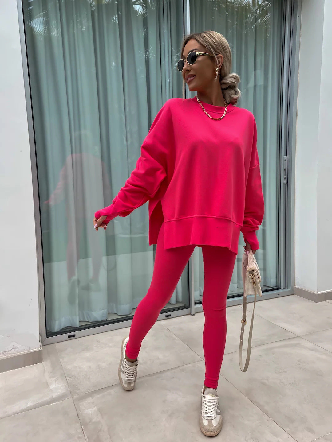 Damen komfortables Oversize-Lounge-Set mit langem Sweatshirt, gerippten High-Waist-Leggings und verlängerten Bündchen Drune
