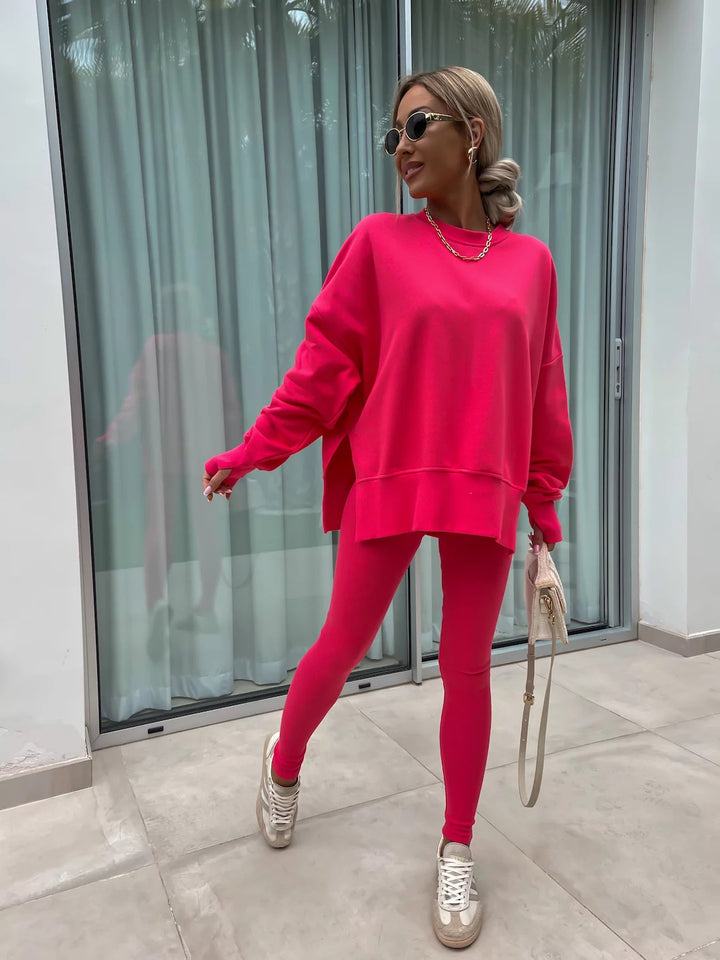 Damen komfortables Oversize-Lounge-Set mit langem Sweatshirt, gerippten High-Waist-Leggings und verlängerten Bündchen Drune