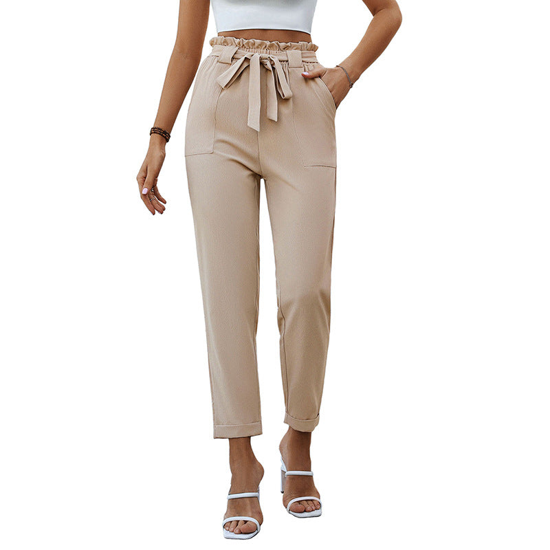 Damen Leichte Paperbag-Hose mit Gummibund, Bindegürtel und aufgesetzten Taschen Drune