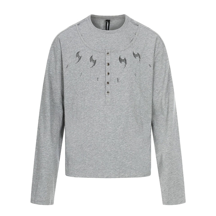 Herren Langarm-Henleyshirt mit doppeltem Rundhalsausschnitt und Knopfleiste Drune