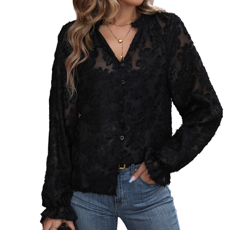 Damen Elegante Transparente Bluse mit floralen Applikationen Drune