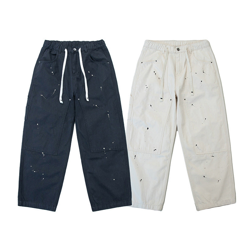 Unisex Weite Canvas-Hose mit elastischem Bund, Tunnelzug und Paint‑Splatter‑Details Drune