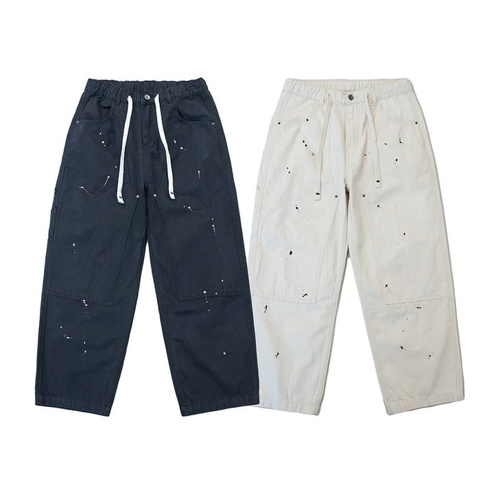 Unisex Weite Canvas-Hose mit elastischem Bund, Tunnelzug und Paint‑Splatter‑Details Drune