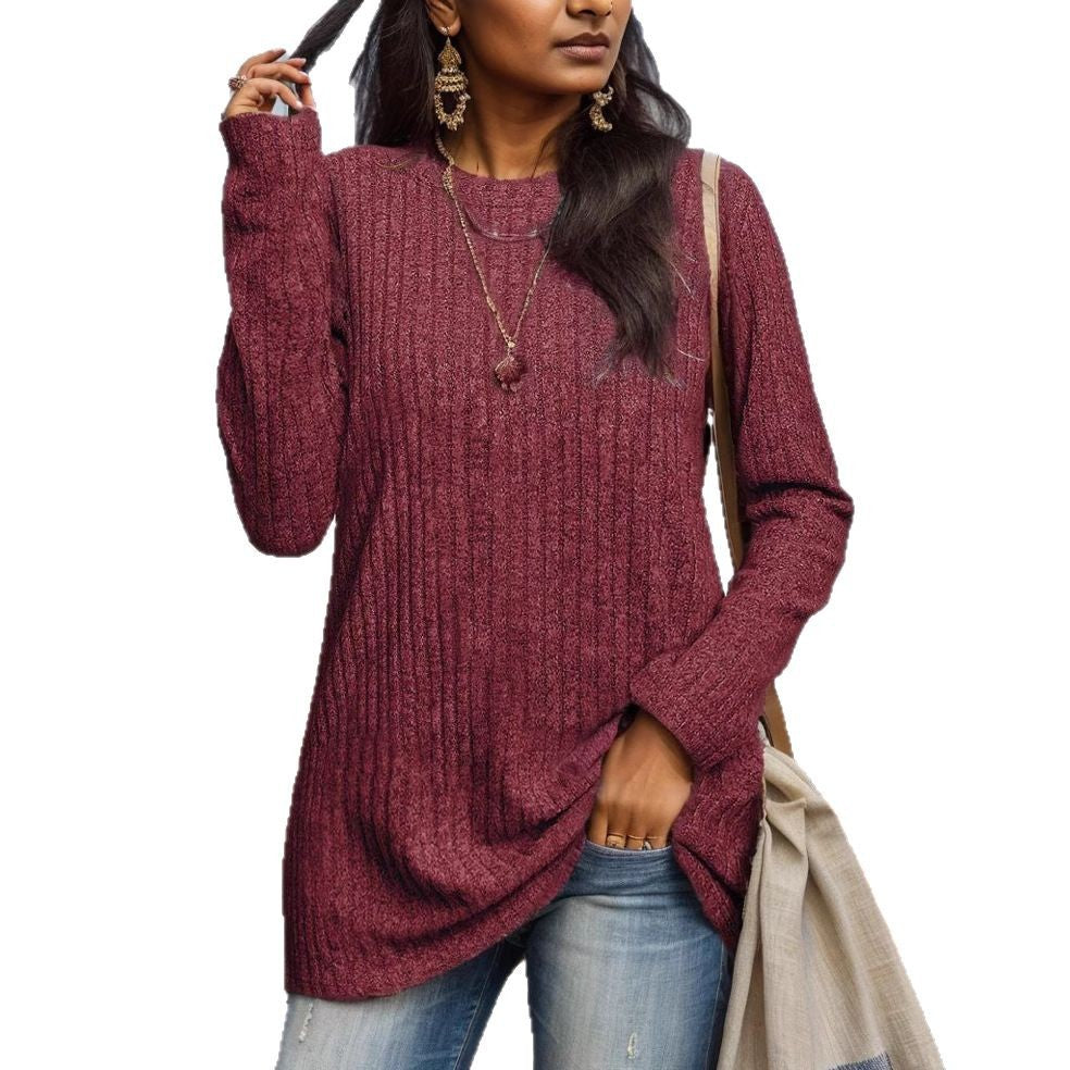 Damen Geripptes Feinstrick-Longsleeve mit Rundhalsausschnitt und asymmetrischem Saum Drune