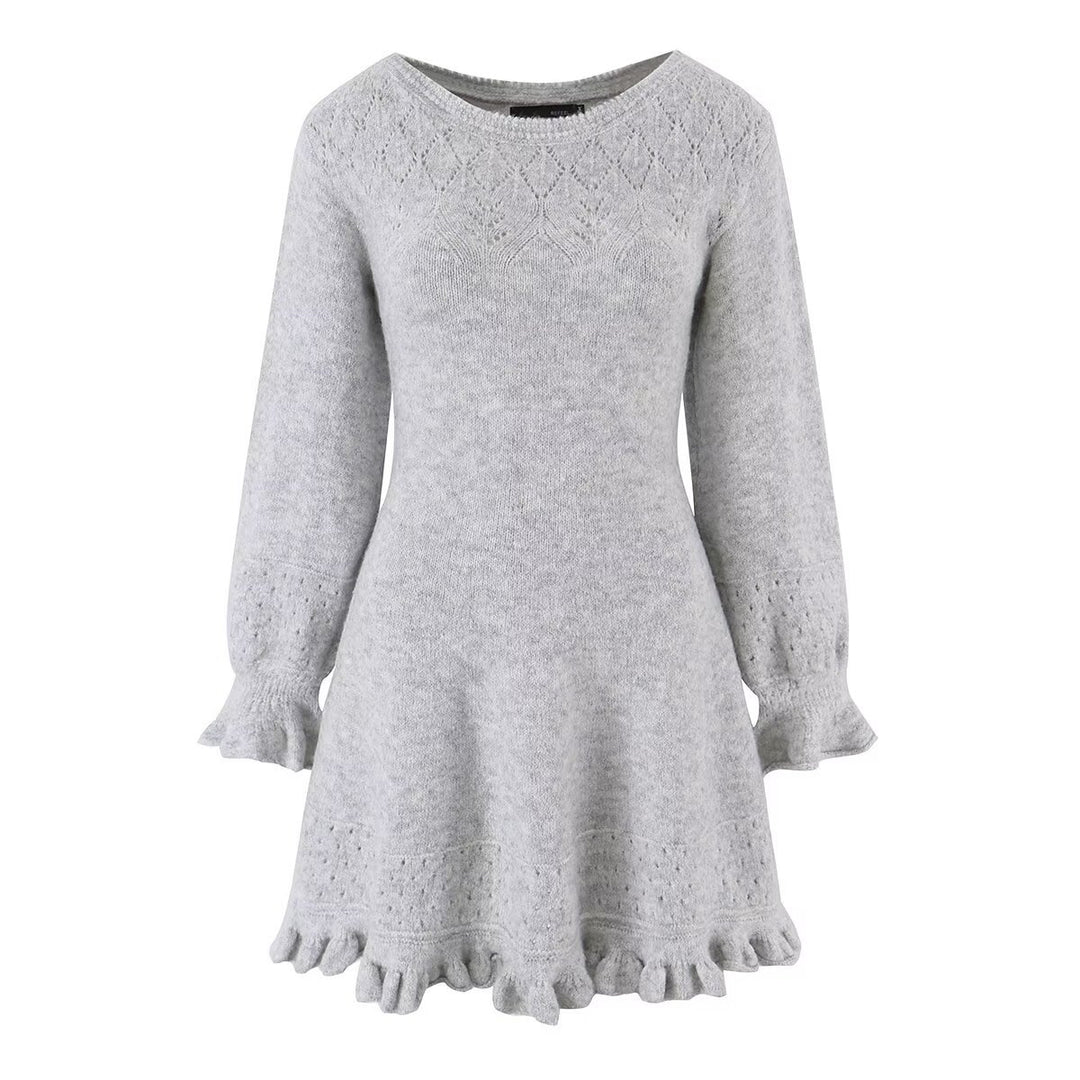 Damen Gestricktes A‑Linien Kleid mit Rüschenbündchen und Lochmuster Drune