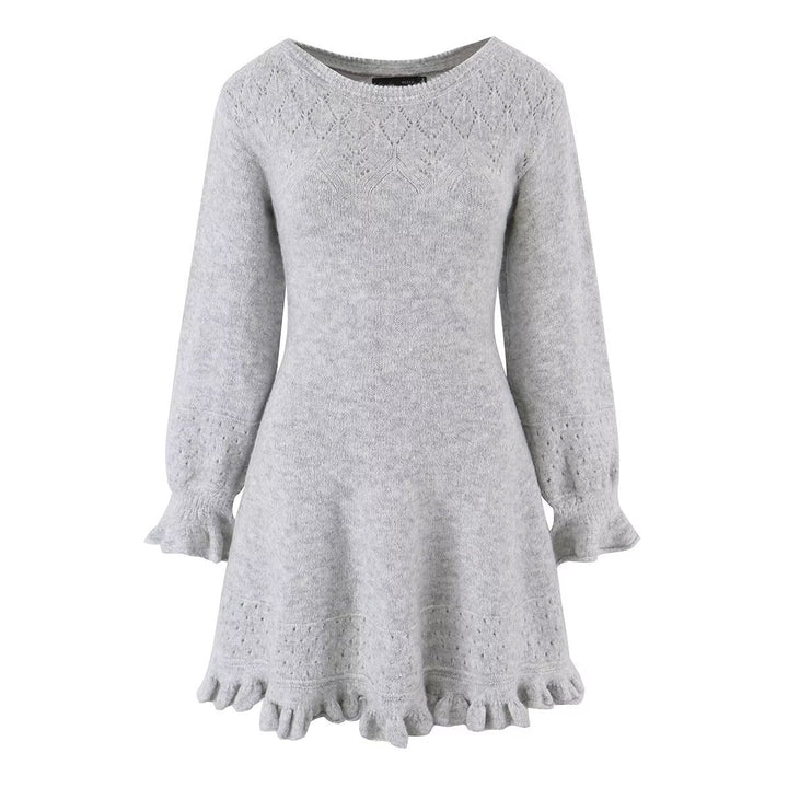 Damen Gestricktes A‑Linien Kleid mit Rüschenbündchen und Lochmuster Drune