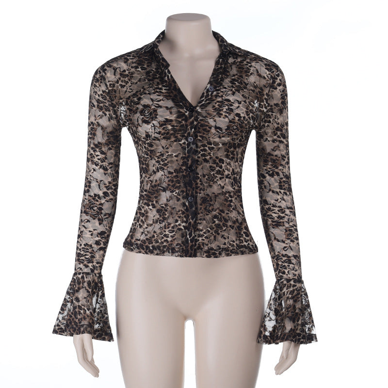 Damen Transparente Spitzenbluse mit Glockenärmeln Drune