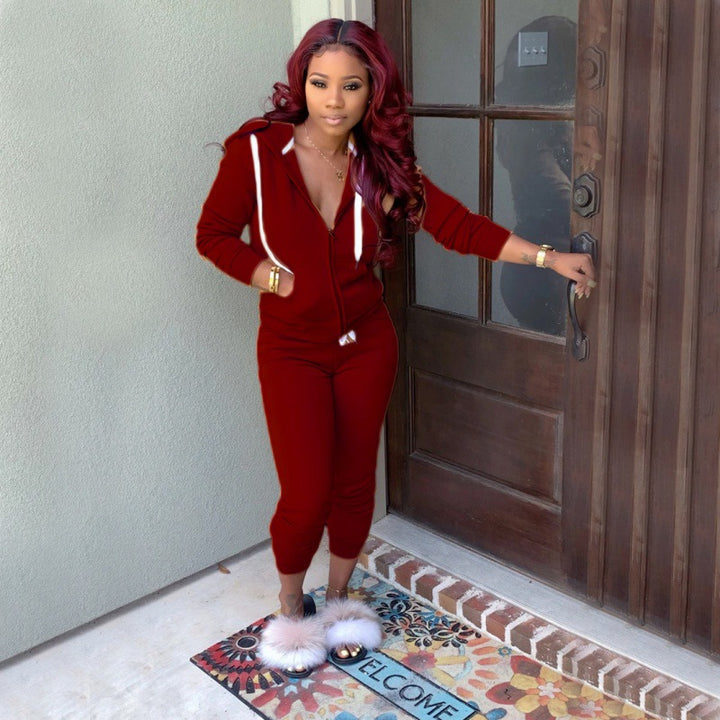 Damen tailliertes Kapuzen‑Sweatdress‑Set mit Reißverschluss und enganliegender Jogginghose Drune