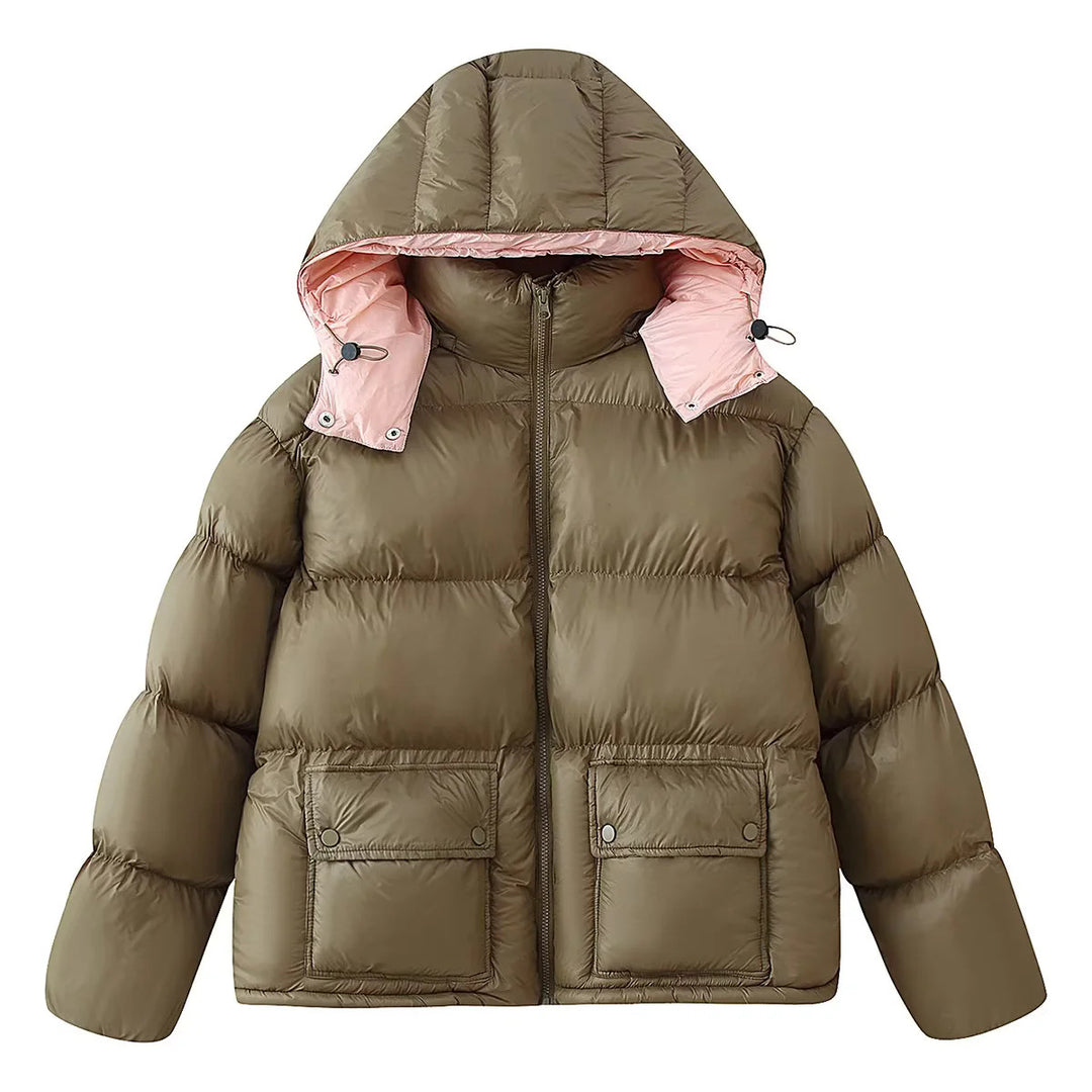 Damen nan wattierte Steppjacke mit abnehmbarer Kapuze, hohem Kragen und großen Pattentaschen Drune