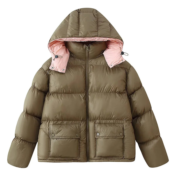 Damen nan wattierte Steppjacke mit abnehmbarer Kapuze, hohem Kragen und großen Pattentaschen Drune